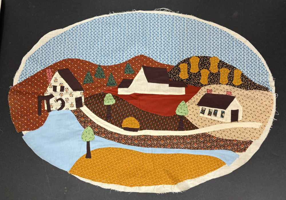Farm Appliqued Quilted Wall Hanging Unframed 28" x 19" Handmade Browns Blues Vtg